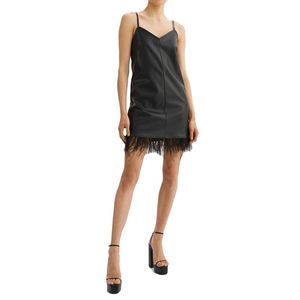 Lamarque Mollie Women's Faux Leather Feather Trim Sleeveless Slip Dress NWT